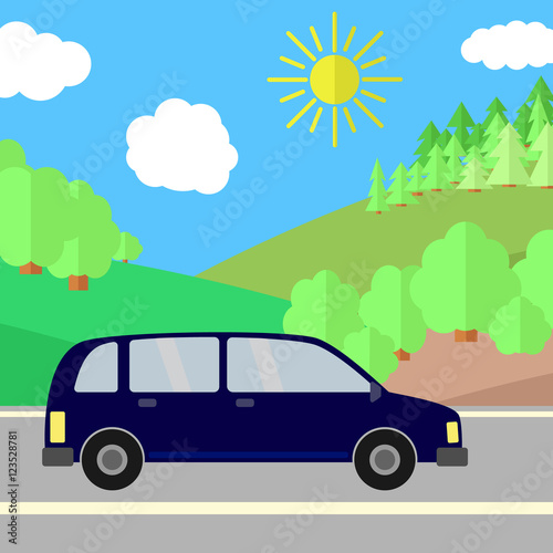 Fototapeta Naklejka Na Ścianę i Meble -  Dark Blue Sport Utility Vehicle on a Road on a Sunny Day. Summer Travel Illustration. Car over Landscape.
