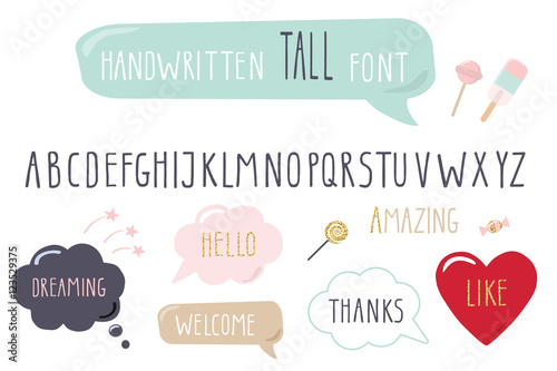 Hand drawn narrow font. Tall alphabet. Doodle hand written thin letters. Hipster style.