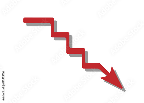 Red arrow pointing downwards showing crisis. Vector illustration