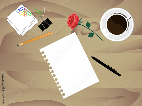 Blank template for romantic message.  blank sheet of paper, mug of coffee and a flower on the table.