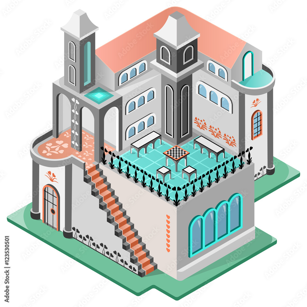 House in oriental style. Terrace with chess table, two tower and carpeted staircase.3D isometric view. Vector illustration.
