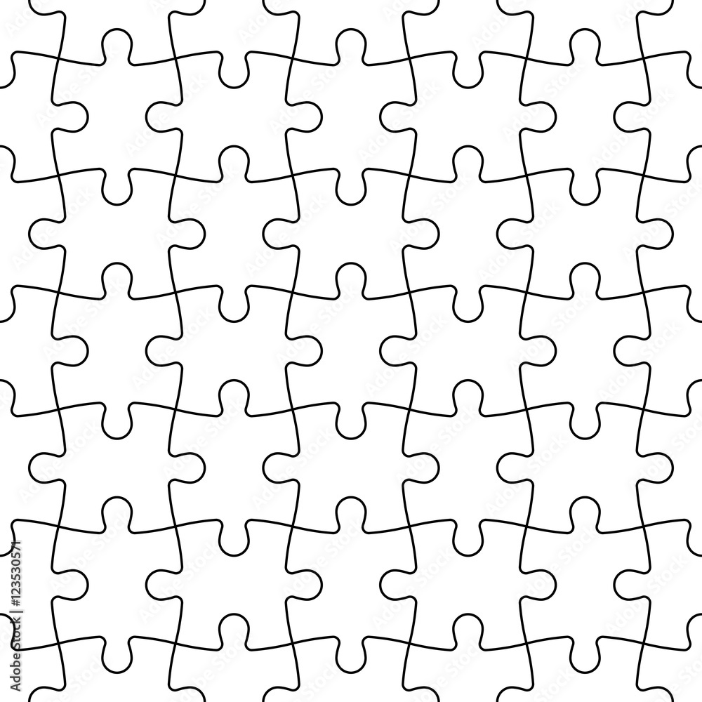 Jigsaw puzzle seamless background. Mosaic of white puzzle pieces with black outline in linear arrangement. Simple flat vector illustration.