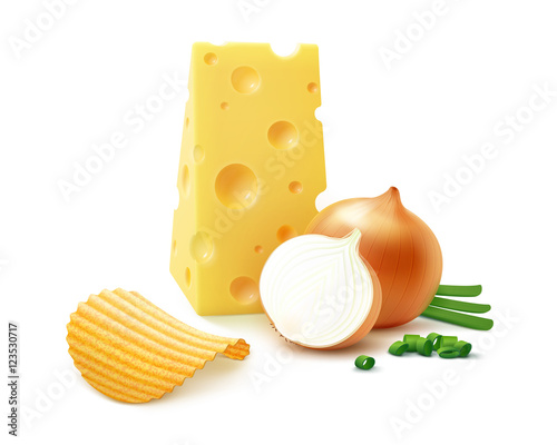 Potato Ripple Crispy Chips with Cheese and Onion Close up Isolated on White Background