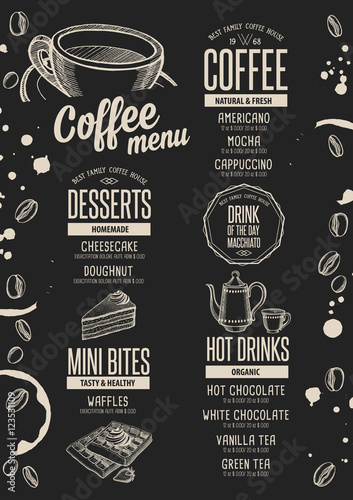 Menu coffee restaurant, beverage template placemat.