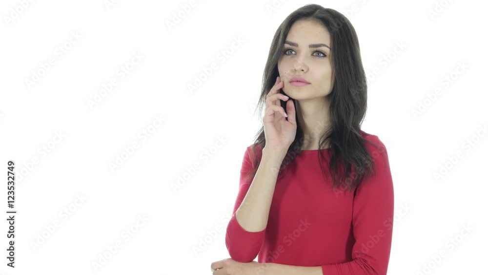 Thinking, Portrait of Beautiful Brunette Woman, White Background Thinking, Portrait of Beautiful Brunette Woman, White Background