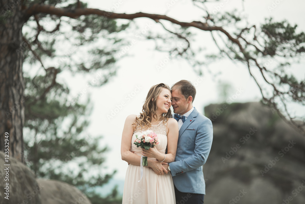 Gorgeous bride, groom kissing and hugging near the cliffs with stunning views Gorgeous bride, groom kissing and hugging near the cliffs with stunning views