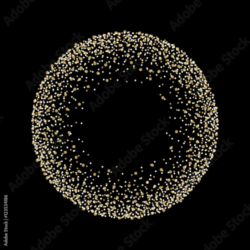Golden grainy dotwork circle shape. Retro halftone stippled background.
