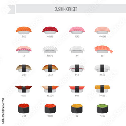 Sushi nigiri vector set. Flat style icon.