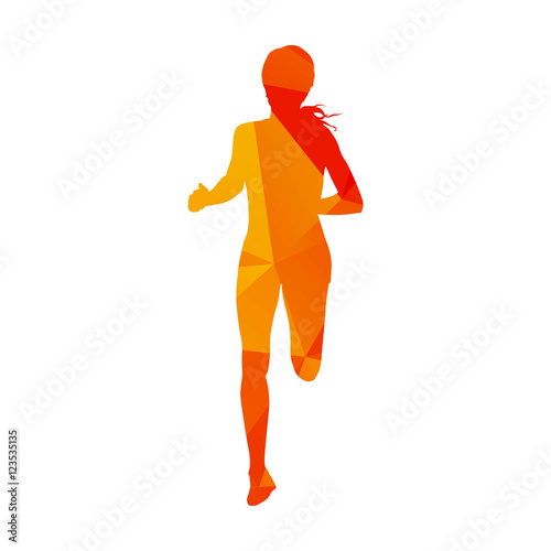 Polygonal running woman, abstract isolated vector runner