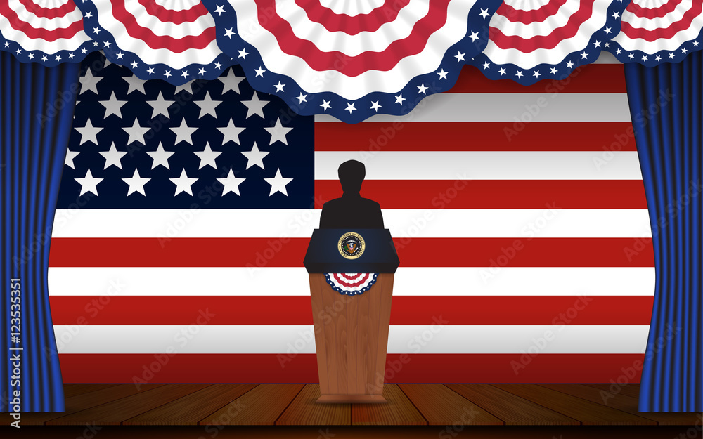 Presidential election banner background. President podium with unknown  person on stage and United state of America flag design for US Presidential  election 2016. Vector illustration. Stock Vector | Adobe Stock