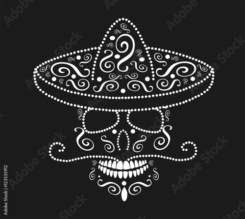 Mexican skull with sombrero, Day of the dead white color