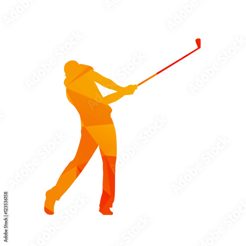Polygonal golf player, abstract orange isolated vector golfer si