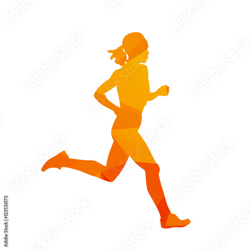 Polygonal running woman, abstract isolated vector runner