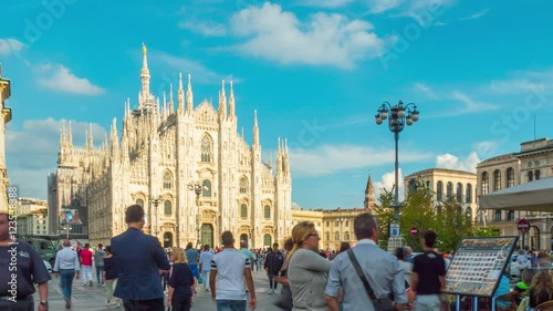 sunny milan famous duomo cathedral crowded street walk panorama 4k time lapse italy
 photo