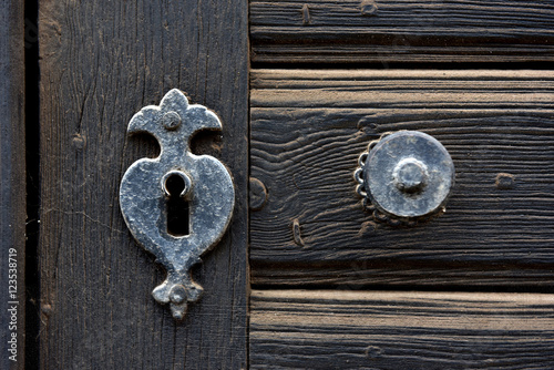 Vintage door mounting and keyhole of wooden antique door