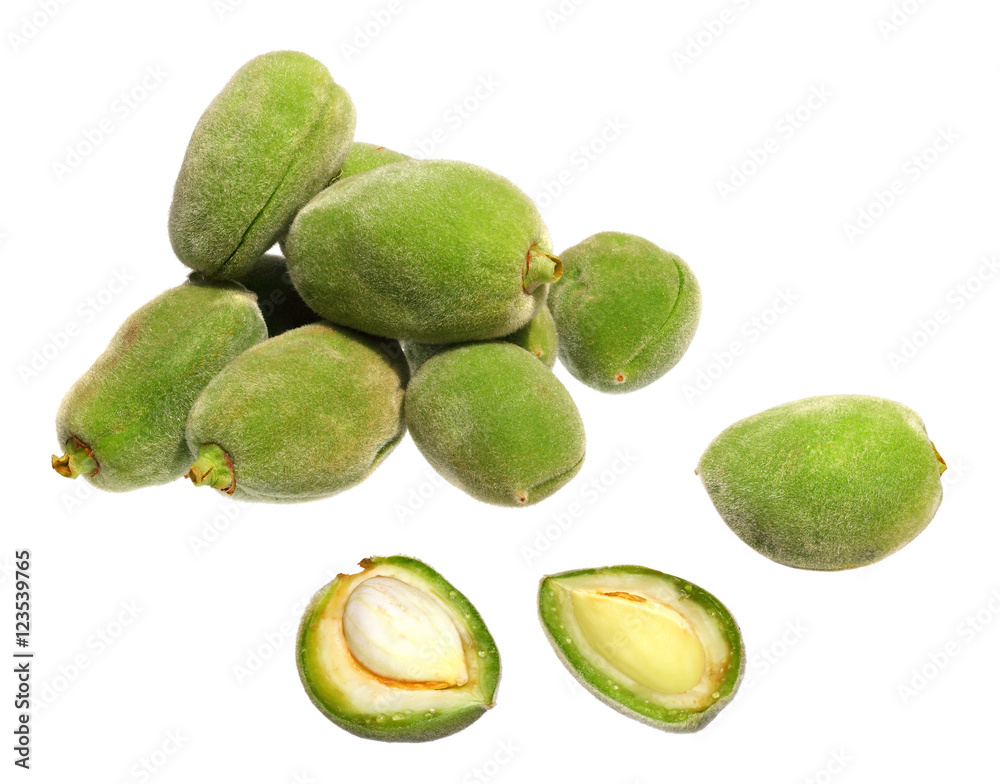 Almonds fruits isolated on a white background Almonds fruits isolated on a white background