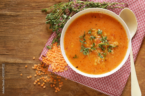 homemade tasty red lentil soup with thyme