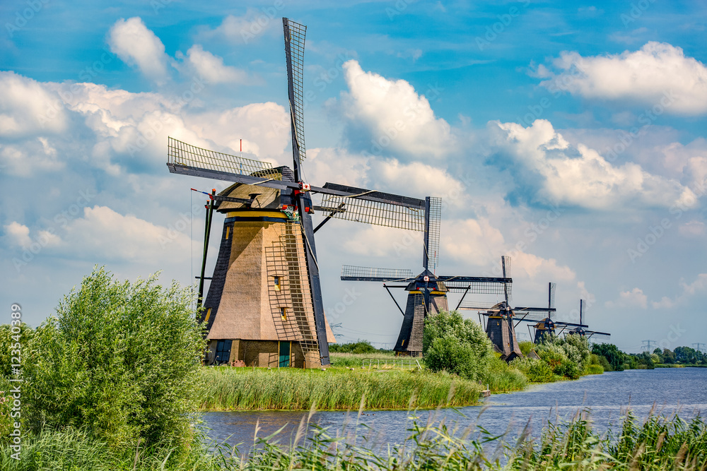 Fototapeta premium Windmills and water canal in Kinderdijk, Netherlands