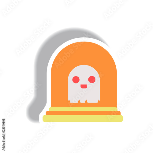 Vector illustration paper sticker Halloween icon grave monument and ghost
