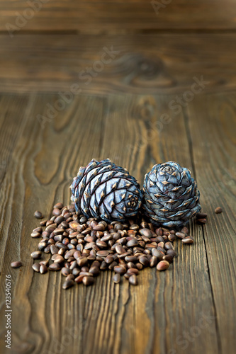 Cedar cones and nuts on a brown wooden background