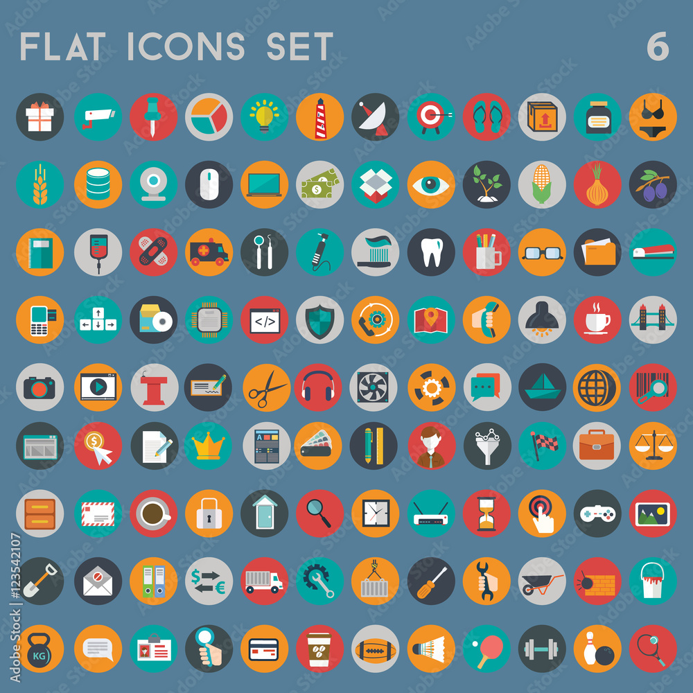 Flat icons design modern vector illustration big set of various financial service items, web and technology development, business management symbol, marketing items and office equipment on background Flat icons design modern vector illustration big set of various financial service items, web and technology development, business management symbol, marketing items and office equipment on background