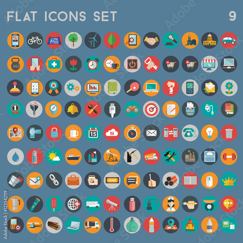 Flat icons design modern vector illustration big set of various financial service items, web and technology development, business management symbol, marketing items and office equipment on background