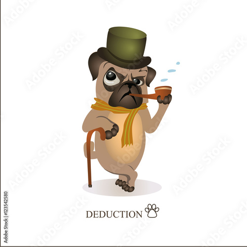 Pug in a hat that keeps pipe. Pug Sherlock Holmes