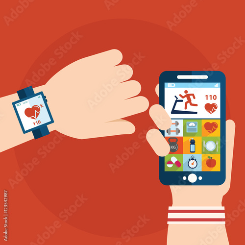 Vector running app on the screen of mobile phone and smartwatch. Modern technology equipment for monitoring the health