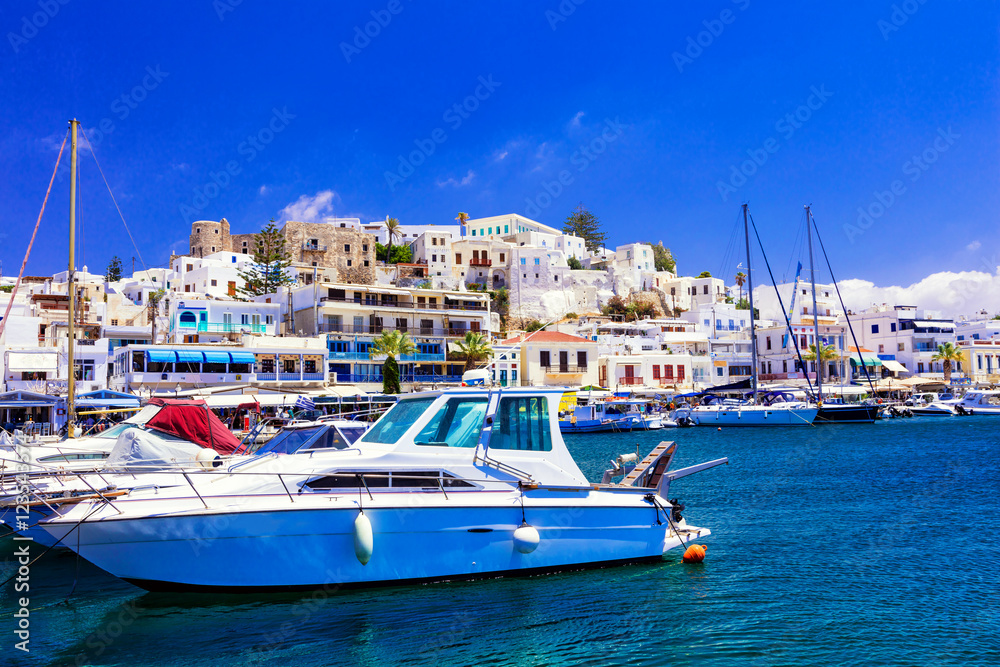 beautiful Greek island - Naxos, view of marina and Chora village