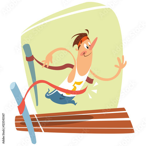 Cartoon vector illustration of cute smiling runner at finishing