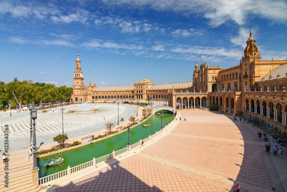 Architectural complex of Plaza de Espana in Sevilla, Andalusia province, Spain.