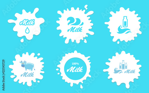 Milk splashes vector labels or logos elements for packaging and advertising.