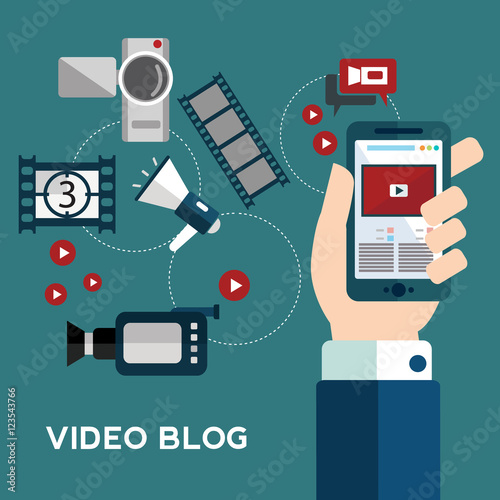 Online video design concept set with blogger media flat icons isolated isolated vector illustration