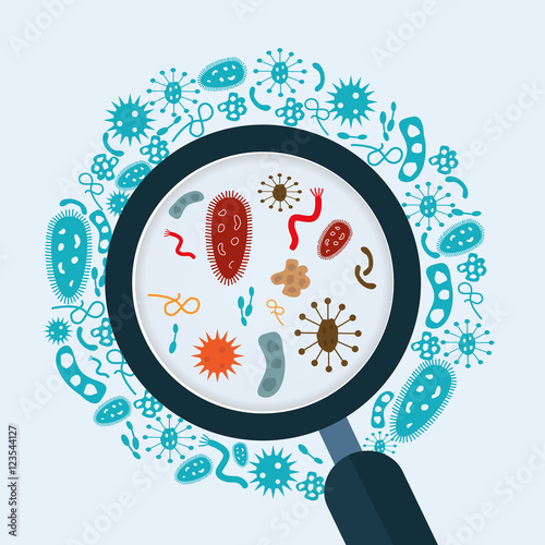 Magnifier glass with bacteria microbes and virus
