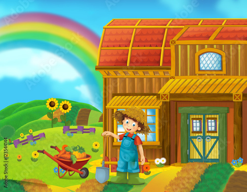 Cartoon scene of boy working on the farm - illustration for children