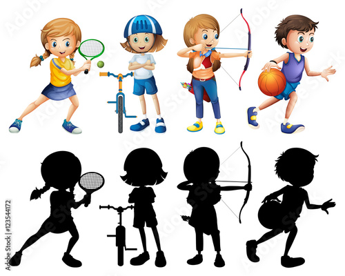 Children doing different sports set with silhouette
