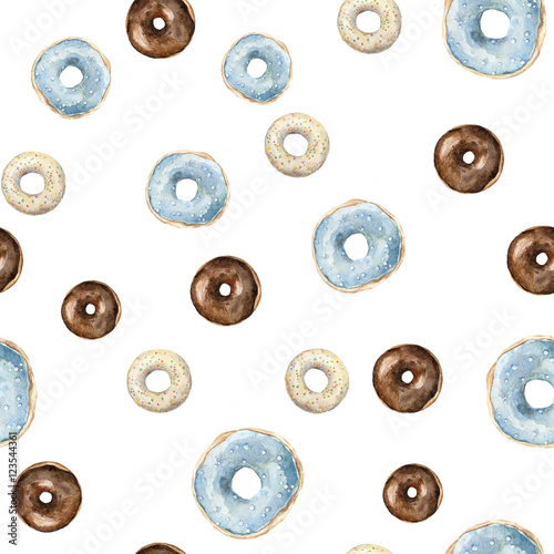 hand painted watercolor seamless pattern with glazed donuts isolated on white. Bakery repeating texture for wrapping paper, background, fabric and textile.
