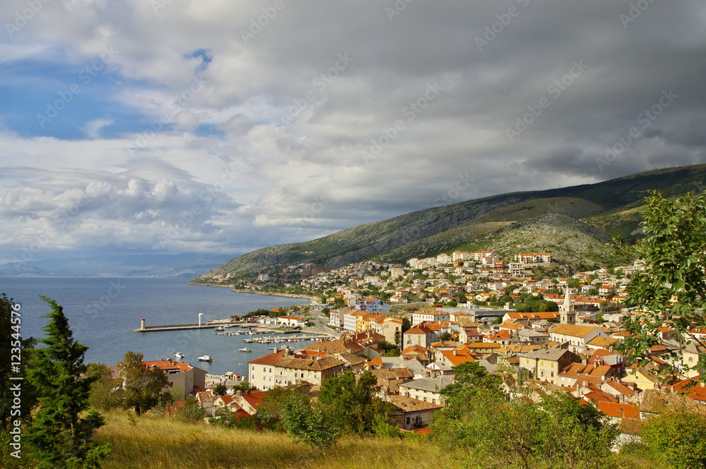 Senj, Croatia – September 16, 2016: a small town in northern Croatia, located on the Adriatic coast. The view of the city and harbor from the hill on which stands the fortress Nehaj.