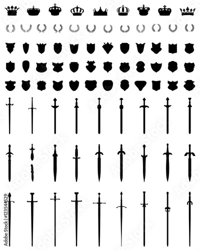 Black silhouettes of crowns, shields, swords and wreaths