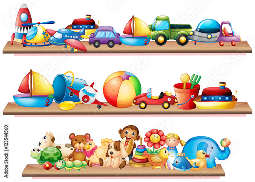 Many toys on wooden shelves
