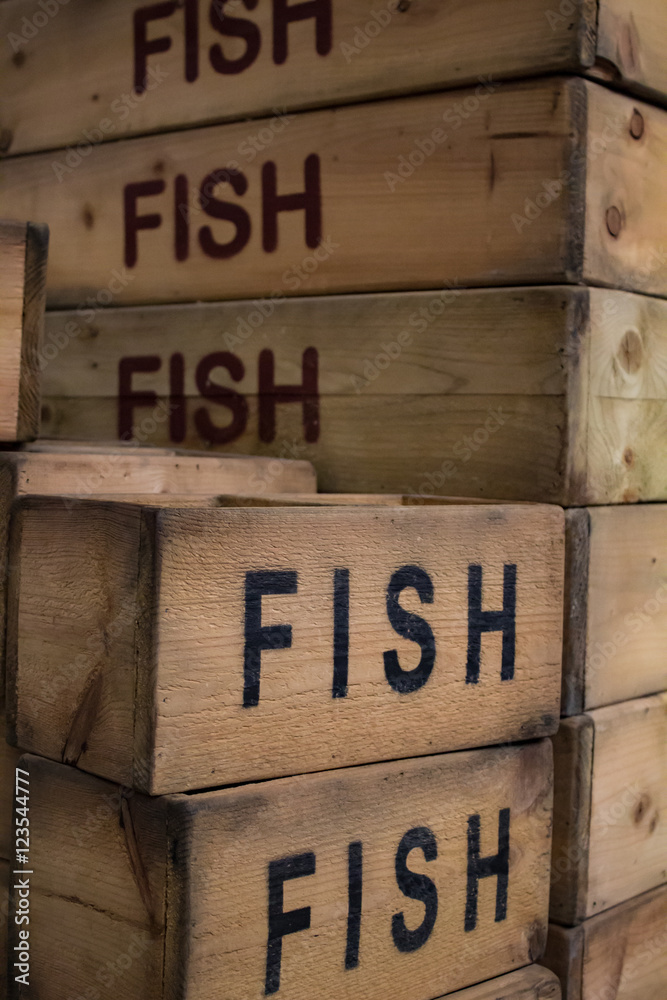 Wooden Fish Crates Stock Photo