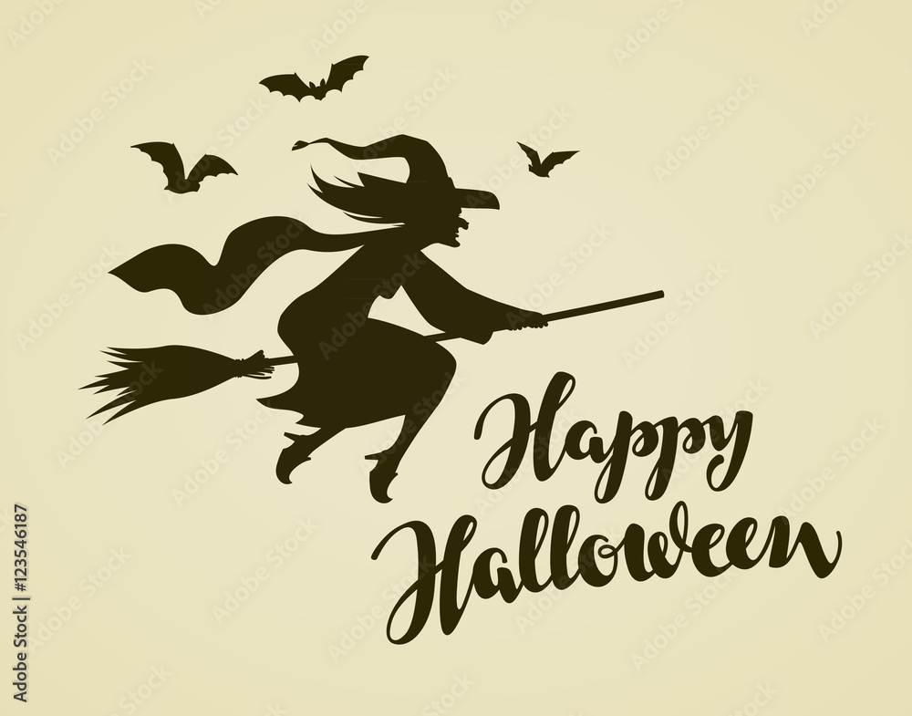 Happy Halloween greeting card. Witch flying on broomstick. Vintage vector illustration Happy Halloween greeting card. Witch flying on broomstick. Vintage vector illustration