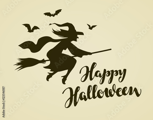 Happy Halloween greeting card. Witch flying on broomstick. Vintage vector illustration