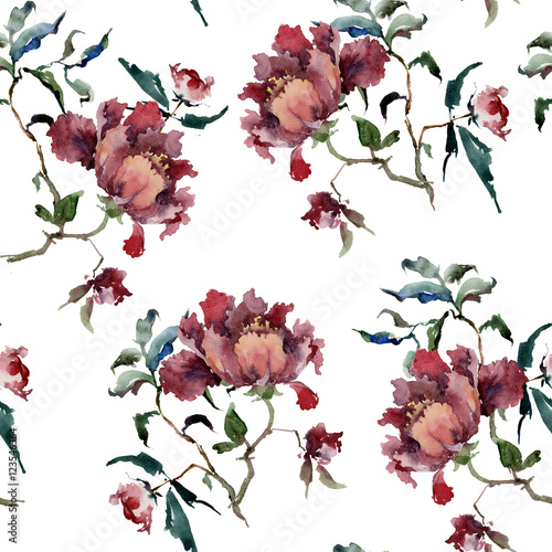 Seamless pattern with beautiful wine red peonies on white background. Watercolor painting. Can be used in greeting cards, wallpapers, fabric, wrapping paper
