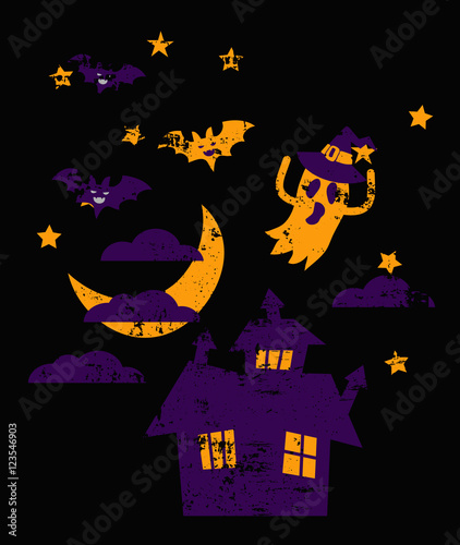 halloween house night sky background with moon and flying ghosts and bats 