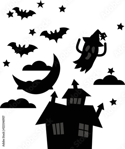   silhouette halloween house night sky background with moon and flying ghosts on white background