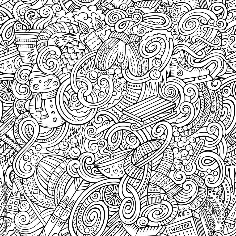 Cartoon doodles Winter season seamless pattern