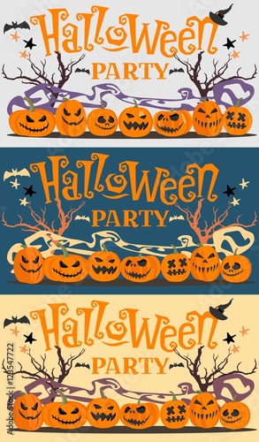 Set of pictures, postcards Halloween party with cartoon pumpkins, bats, witch hat, stars and trees. Vector illustration.
