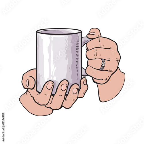 well groomed female hand holding a cup with tea or coffee, sketch style vector illustration isolated on white background. Realistic drawing of beautiful hand holding a mug with a hot beverage