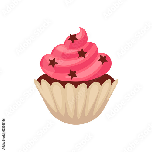 Chocolate cupcake with pink colored icing, cartoon vector illustration isolated on white background. Chocolate muffin, cupcake with pink icing and stars, isolated dessert, yummy looking sweets